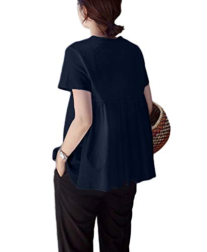 後ろにフリルとプリーツが付いたレディース半袖Tシャツ、かわいいクルーネックトップ、無地、夏