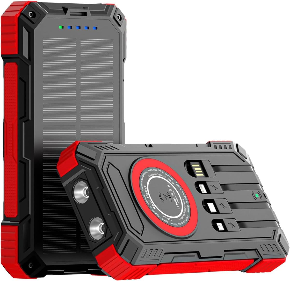 モバイルバッテリー 大容量 軽量 ケーブル内蔵 ソーラー充電器 31200mAh 急速充電 最大3A急速充電 ソーラー充電器 充電バッテリー 急速充電 携帯充電器 ソーラーパネル LEDライト 6台同時充電 IPX6防水 防塵 耐衝撃 スマホ 太陽光で充電でき