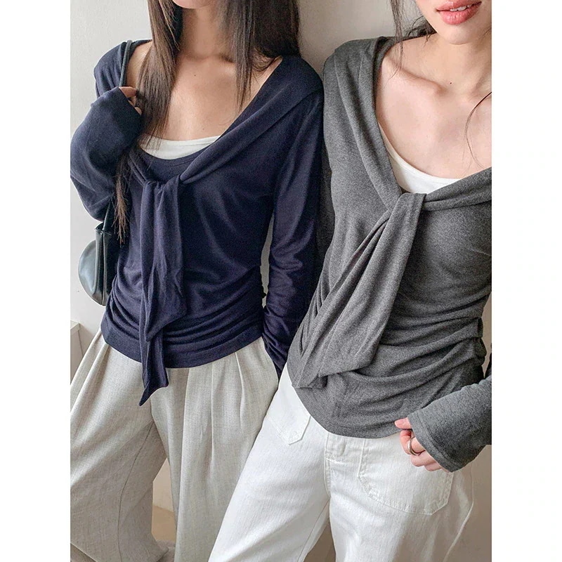 秋服 フェイクツーピースショール長袖Tシャツ レディース 秋用プリーツウエストシェイプベースレイヤー Tシャツ 長袖｜正申R