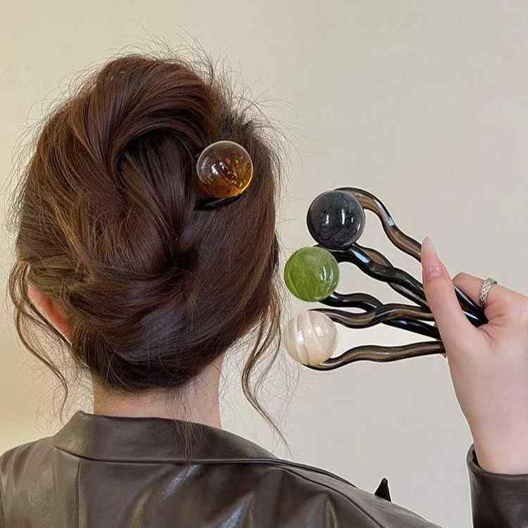 かんざし U字型 アクリル製 丸玉ビーズ 高級感 レトロ シンプル まとめ髪 アップスタイル ヘアアレンジ ヘアスティック グリ|正申R