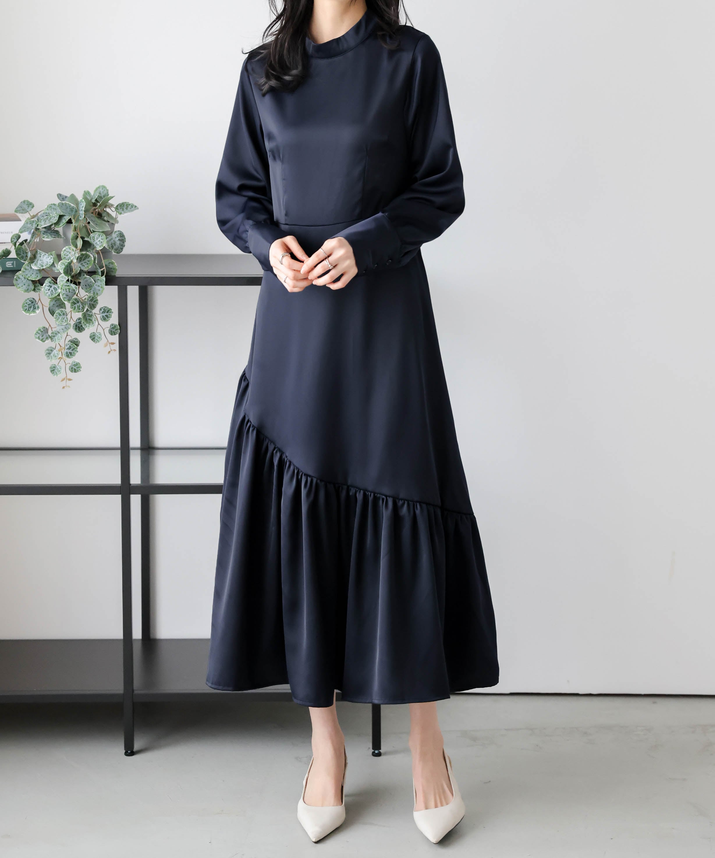 宅込 無地 ロング丈 ギャザー 長袖ロング・マキシ丈ワンピ [3カラー]｜正申R