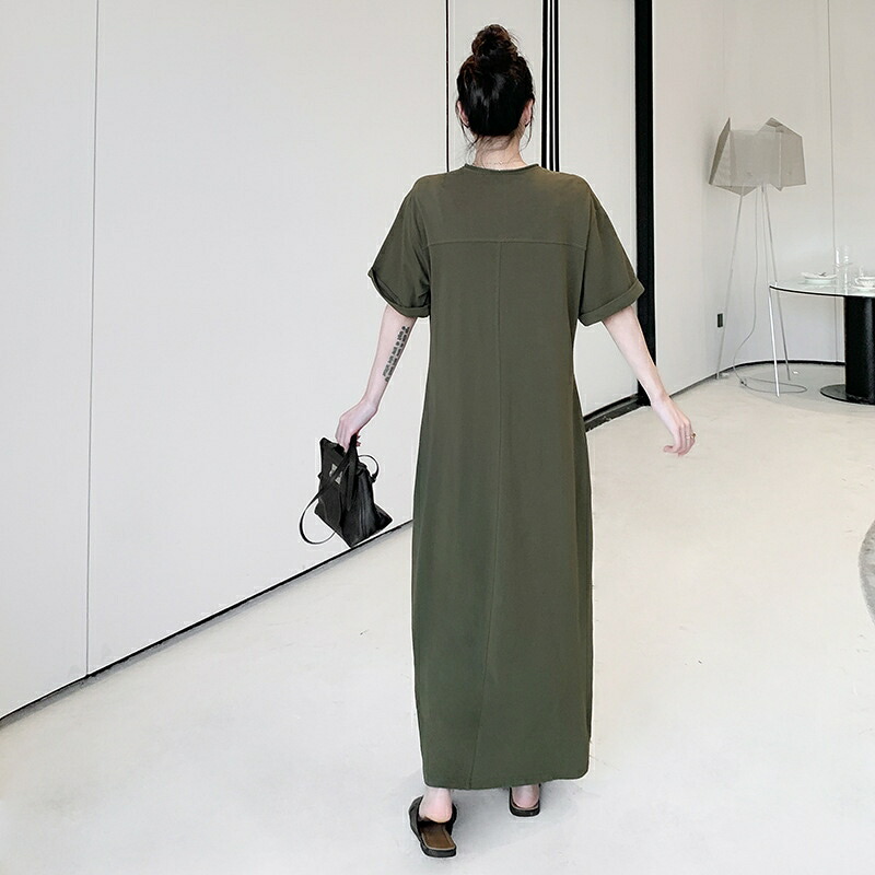 ワンピース ハーフジップ 半袖 体型カバー Aライン Vネック ゆったりウエスト ロングワンピース レトロ|正申R