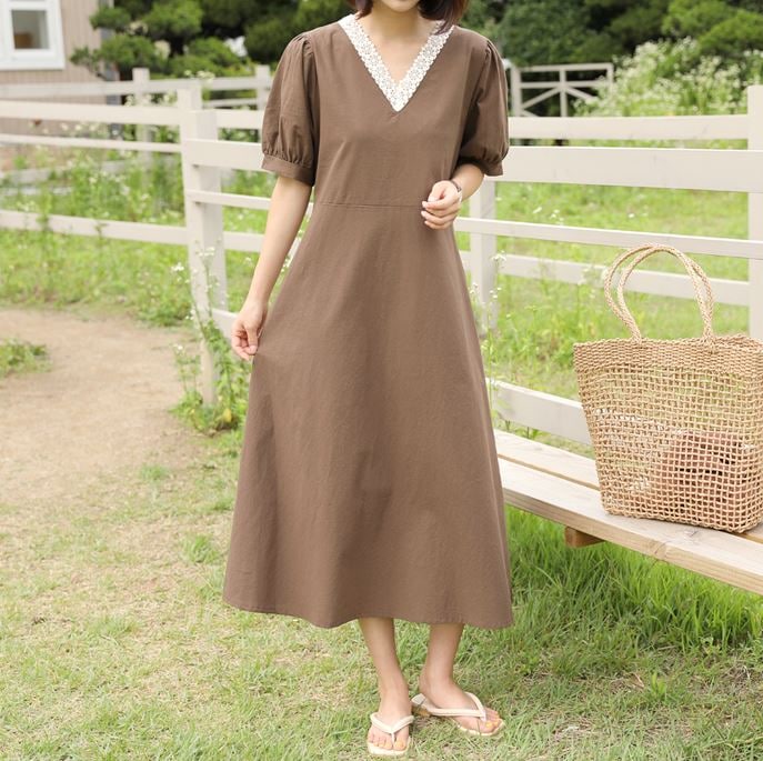 ファッション] レースネックライン 腰紐付き シャーリングパフスリーブ 半袖 ロングワンピース｜正申R