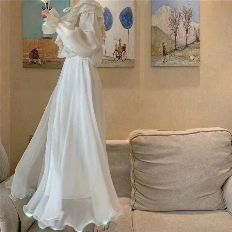 レディース 気質 大きい裾 ロングスカート 純情 キャンパス風 ホワイト シフォンスカート|正申R