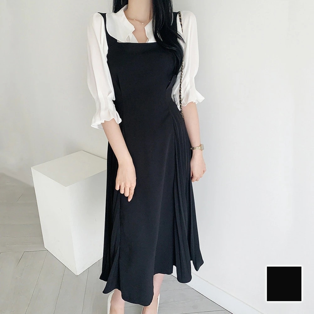 サロペットプリーツロングワンピース レディース 春服 無地 夏 秋 10代 20代 30代 韓国ファッション マーメイド 春ワンピ リボン オフィス ドレス ノースリ|正申R
