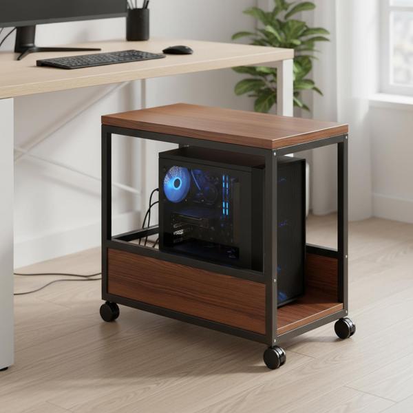 CPUホルダー 木製 ローリングカート モバイル ゲーム ホーム オフィス用 2段 PCスタンド ブラックフレーム L|正申R