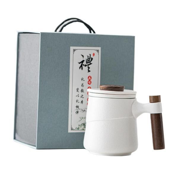 茶碗用フィルター蓋付き木製ハンドル付きセラミックティーマグ|正申R