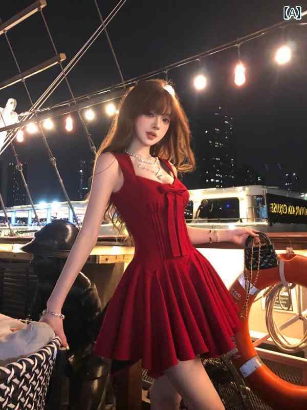 パーティー ドレス スタイル 夏の 女性用 レッド リボン V ネック サスペンダー ドレス、 高級 感、 リッチ ガール 感、 ウエスト A ライン ショート スカート