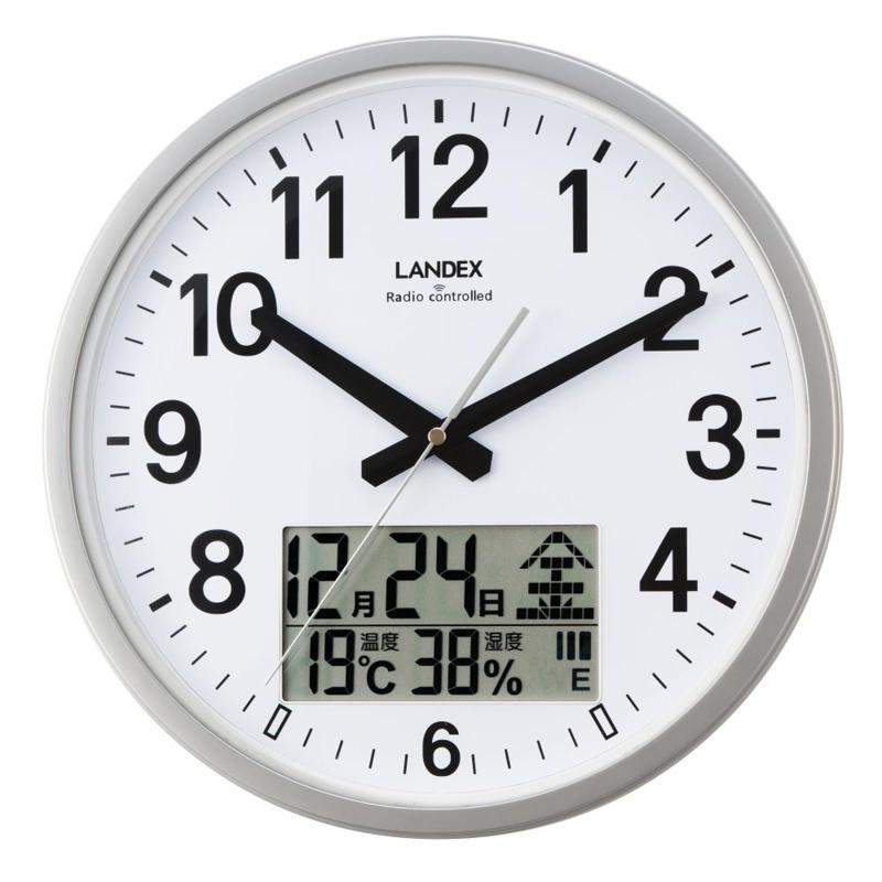 ランデックス(Landex) 掛け時計 電波 アナログ 32cm ステップ秒針 夜間秒針停止 温度 湿度 カレンダー 表示 シルバー インフォライフ YW9187SV
