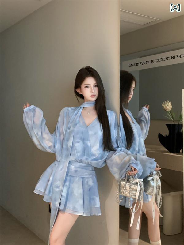 シフォン 花柄 ワンピース ブルーグラデーションの 花柄 V ネック シフォン ドレス、 女性用 サマー ティーブレイク、 フレンチ ジェントル スタイル、 美しい チュール A ライン ショート スカート