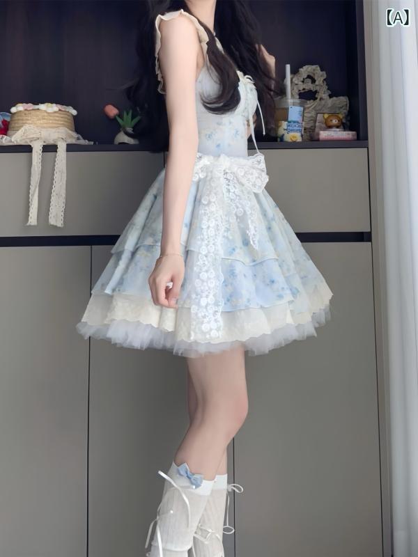 シフォン 花柄 ワンピース 甘い 女の子の小さな フライング スリーブの 青い 花柄の ドレス 女性の 夏の 美しい プリンセス ケーキ スカート ウエスト ふくらんだ スカート