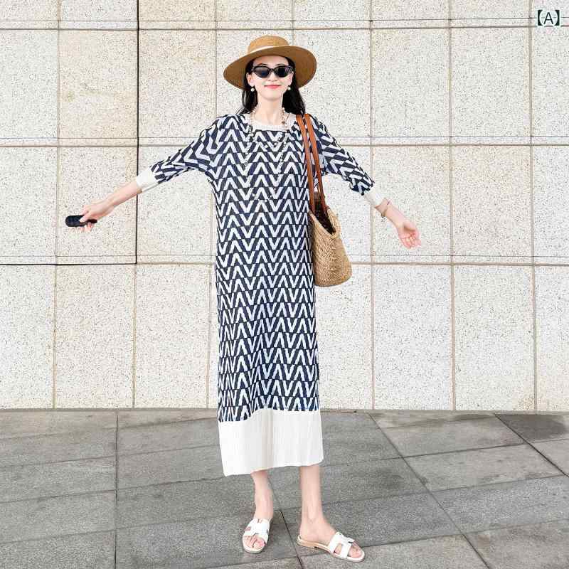 ロング ワンピース 韓国の 女性の 2025年 夏の 新しい やや 太めの mm超 薄型 着用 プリーツ ワンピース プリント 気質 ロング スカート