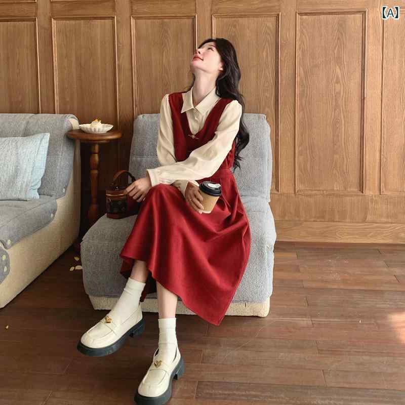 ロング ワンピース フランスの 高級 フェイク ツーピースの 赤い ドレスの 女性 2025 春の 新作 教員 資格 面接超 美しい ロング スカート