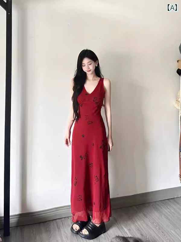 シフォン 花柄 ワンピース フランスの 赤い ベスト ドレス、 女性用 夏 休み ウエスト シックな 甘くて スパイシーな スカート スーツ、 高級 シーサイド スカート