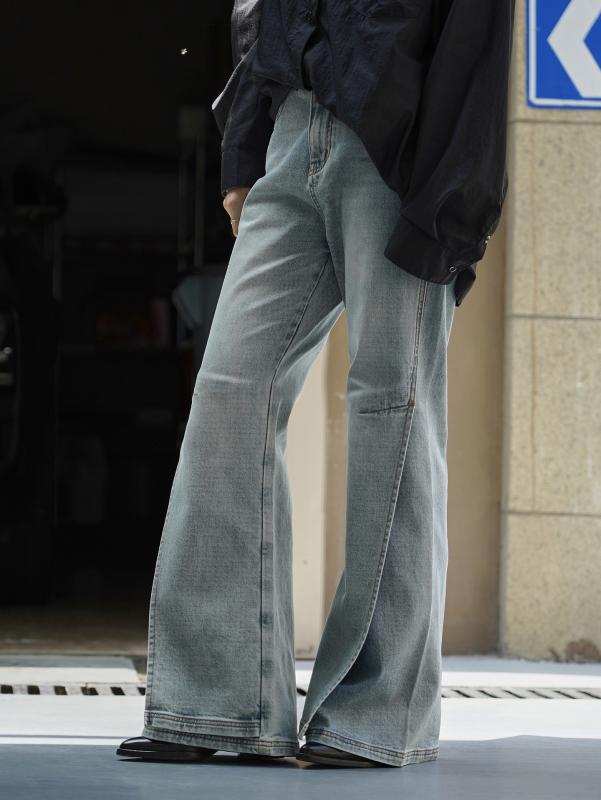 デニムパンツ レディース ロング丈 ジーパン ジーンズ ズボン ボトムス フレアパンツ 微喇 切り替え ハイウエスト ゆったり 闊腿パンツ ワイドパンツ 韓国風 レトロ感 体型カバー 着痩せ 細見え プラスサイズ 大きいサイズ 脚長効果 美脚効果 カジュ｜SEIYUショップ