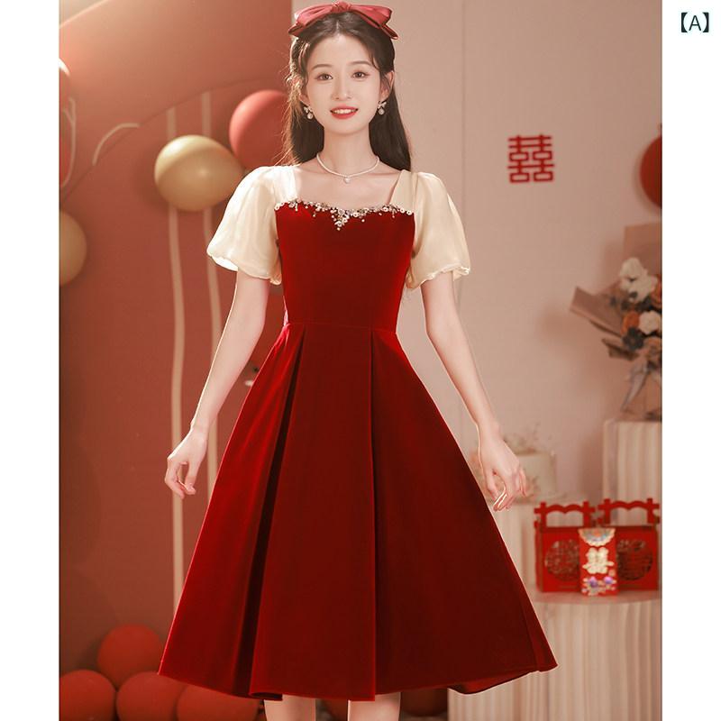 パーティー ドレス スタイル 妊婦用 トースト ドレス. ワイン レッド. 大きめ サイズ. 花嫁 婚約 ドレス. 夏用. フレンチ 高級 パフスリーブ｜SEIYUショップ
