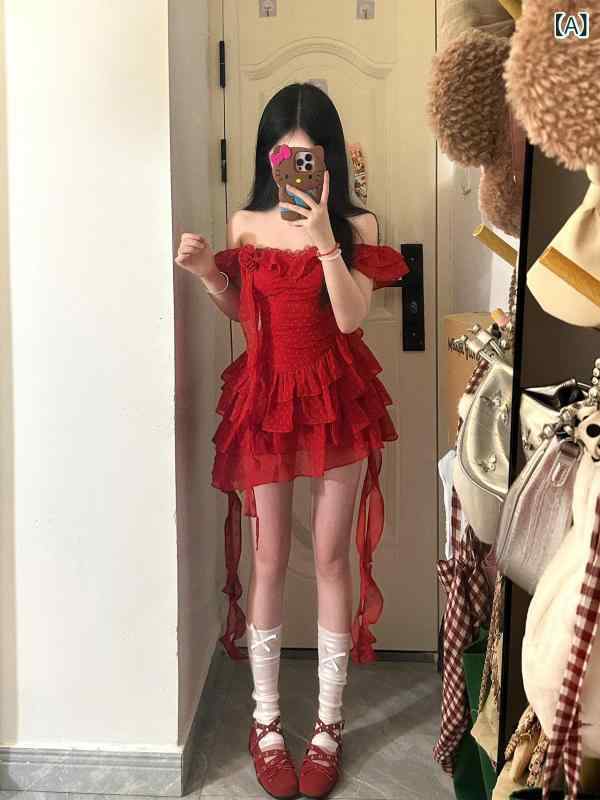 パーティー ドレス スタイル 甘くて ホットな 女の子の 赤い 不規則な ドレス、 女性の 夏の小さな フライング スリーブ サスペンダー プリンセス ドレス、 ウエスト テールの ふくらんだ スカート