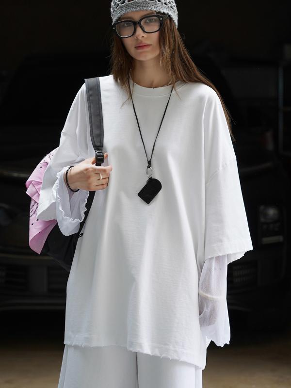 Tシャツ 女性用 秋 ゆったり オーバーサイズ レース袖 カジュアル スリム効果 トップス 日常使い 軽量 リラックスフィット