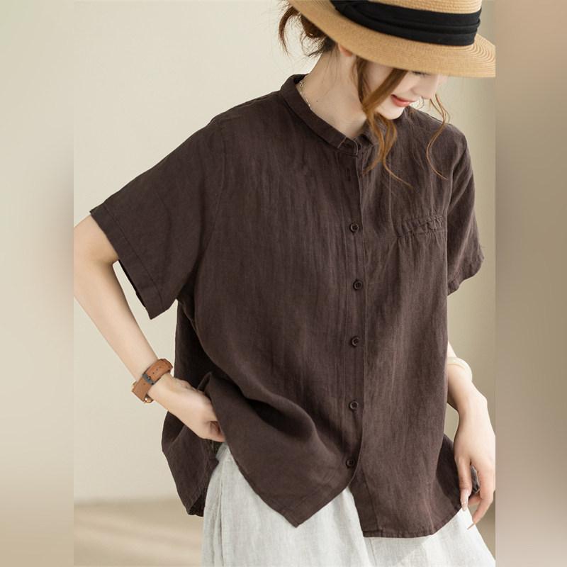 シャツ レディース トップス 半袖 ブラウス 綿麻 リネン 切り替え スタンドカラー ゆったり 大きいサイズ 体型カバー 着痩せ お腹周り 二の腕カバー プラスサイズ カジュアル 無地 ナチュラル 通気性 吸湿速乾 快適 柔らかい 部屋着 普段使い お出|SEIYUショップ