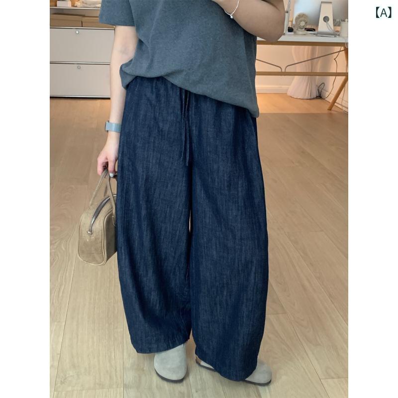 レディース 広広としたズボン下 リネン ジーンズ 夏用 薄っぺら ゆったり か細い押し出し ドローストリング 色挙げ句の果て押しとどめる 心地よい 普段使い走り 軽さ 伸縮性 吸湿速乾 御機嫌酉の方角 青色系