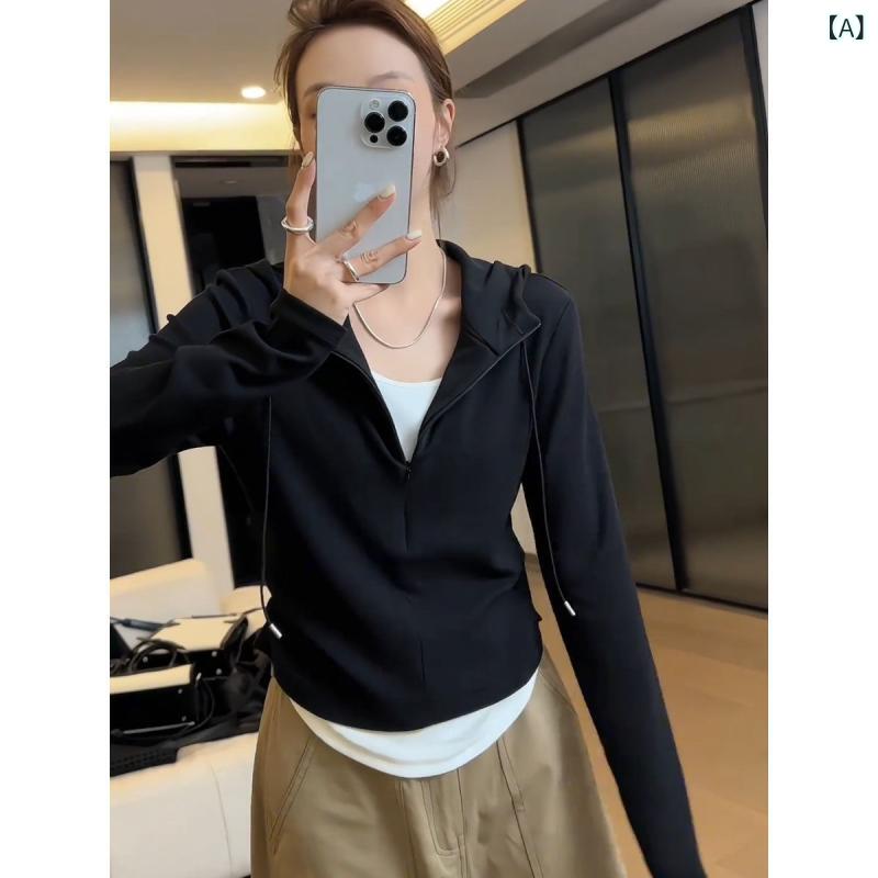 セーター ニット レディース 春先と 秋に 女性用の スプライス フェイク ツーピース フード 付き ボトム シャツ、 ミニマ リスト スタイル、 カジュアルで スリムな アウターウェア スウェットシャツ