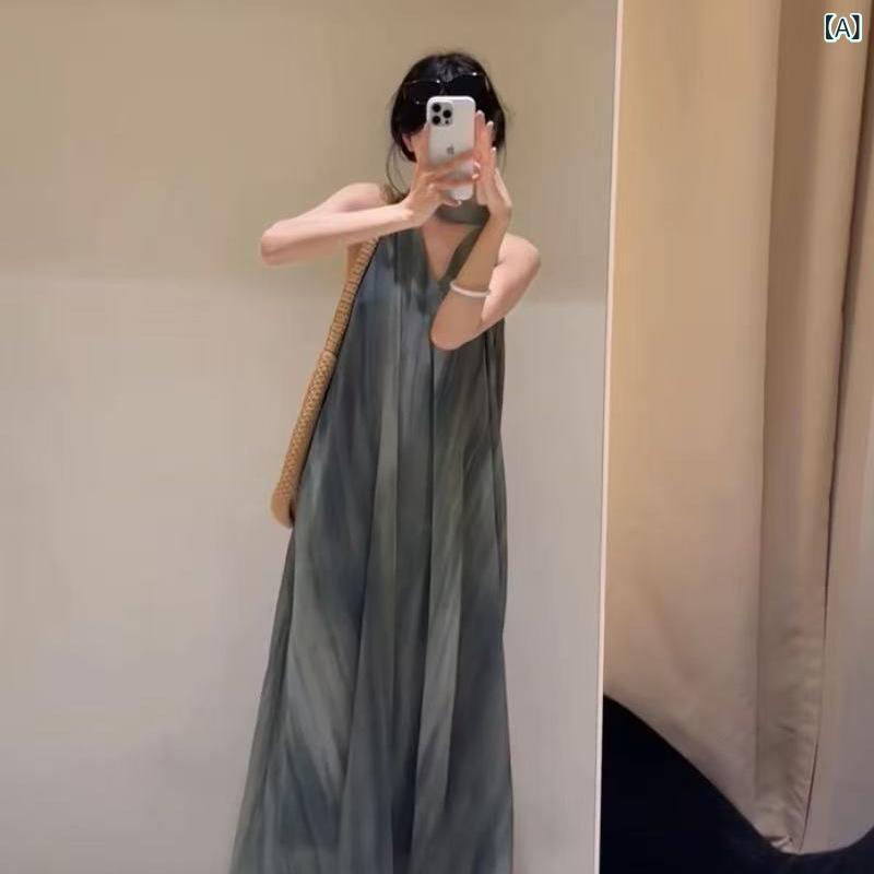 衣裳 レディース Vのど首 タイダイ 同盟罷工一回り ロング 夏用 ゆったり 伸び伸びする レトロ 流行り物 雅びやか 自己同一性的 か細い成り行き 心地よい 表現スタイル 口さかしい