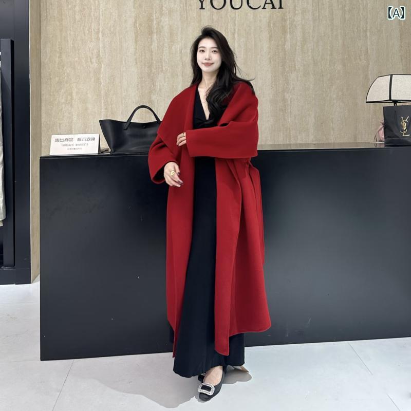 おしゃれ 秋冬 コート レディース レッド ショール ラージ ラペル ダブルフェイス カシミヤウール コート レディース 2025年 冬 新作 ミディアム 丈 ウール コート