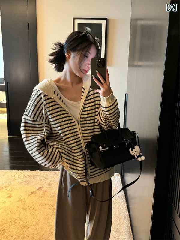 スウェーター 編み物 レディース Bab Studio 杏 ドローストリング ボンネット 付き添い人 縞模様 編み物ジレー レディース 秋 韓国 風 ゆったり 全能 いの一番 上衣