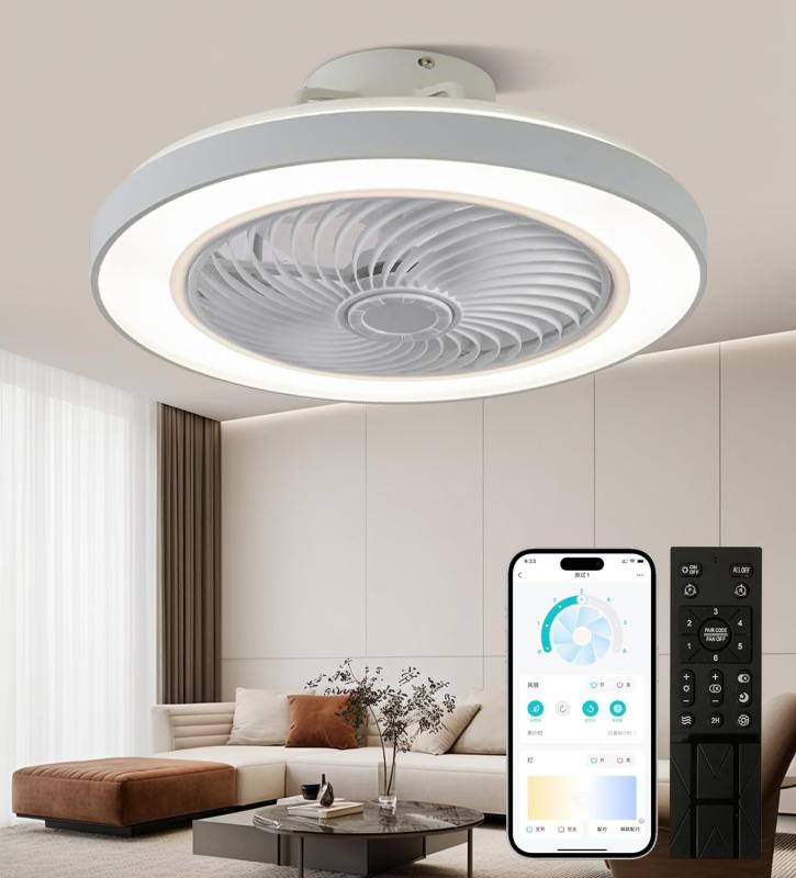 XINGMU LED シーリングファンライト 屋内用天井扇風機 直径50CM 最大3900LM 調光調色 風量 6階段調整 360度回転 静音 軽量 薄型 空気循環 照明器具 APP遠隔操作 リモコン付き 6畳 8畳 12畳 ホワイト ブ