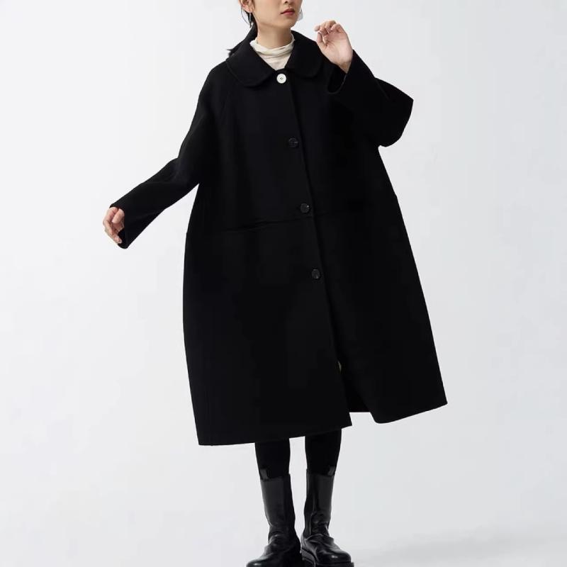 ロング厚地の外套 羊毛 ダブル人間の顔 黒いこと ゆったり 韓国 照明ランプ色合い ケープ ラウンド 秋冬 生あたたかい 古典派音楽表現スタイル