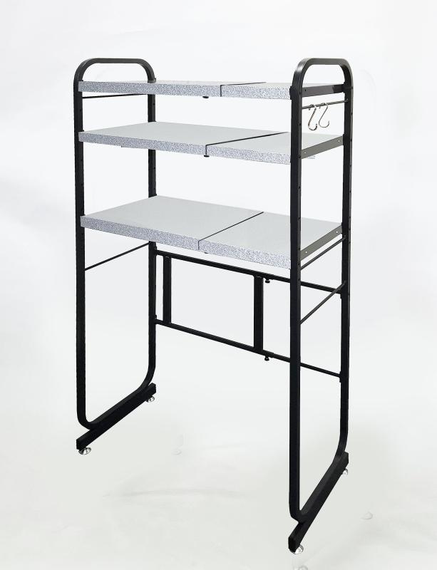 【ガルバリウム鋼板使用】ILC ゴミ箱上ラック レンジラック 幅55~90×奥行40×高さ146cm 伸縮式 ダストボックスラック キッチンラック 3段 レンジ台 ラック フック２個付き 要組立 (ブラック)