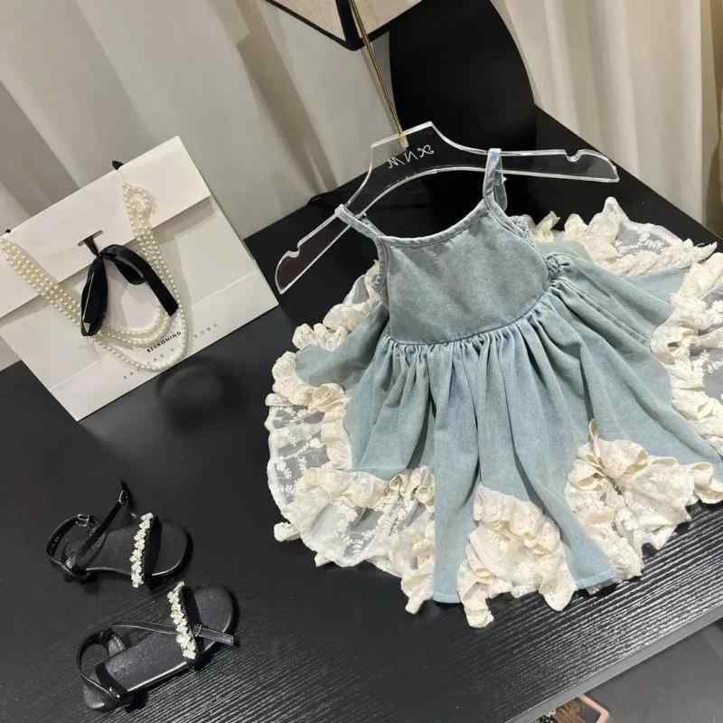 ワンピース キッズ 女の子 レトロ デニム レース 切り替え 夏 かわいい 子供服 ドレス スタイリッシュ 洋気 時髦 軽量 通気性 綿素材 ビッグシルエット Vネック ピンク系 アイボリー