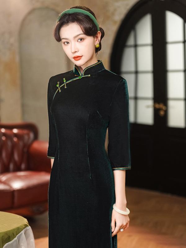 チャイナドレス レディース グリーン 単色 レトロ スリムフィット エレガント 中華風 礼服 春 パーティー 用 フォーマル ドレス 上品 スタイル
