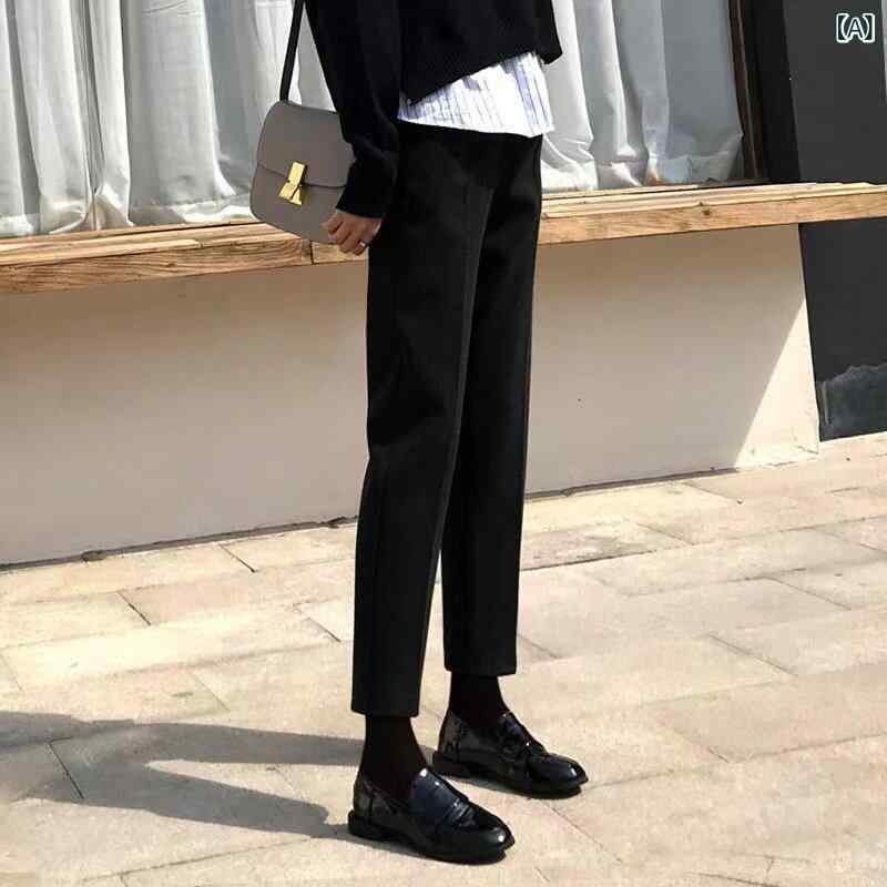 レディース ハーレムパンツ レディース ストレート レッグ ウール スーツ パンツ、 2024年 秋 冬、 クロップド 丈、 スリムフィット、 ハーレム スタイル、 フリース 裏地、 キャロット スタイル、お ばあちゃん パンツ
