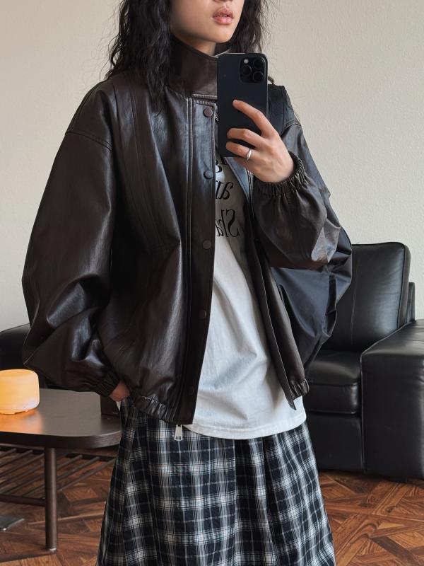 ジャケット レディース 春 韓国風 上品 スタイリッシュ 合成皮革 ゆったり シルエット スタンドカラー 軽量 伸縮性 アウター 通勤用 普段使い｜SEIYUショップ