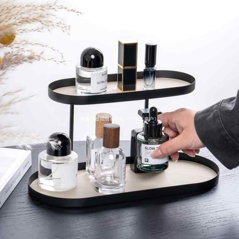 化粧品収納ラック 鉄製 二段 玄関用 香水スタンド ジュエリートレイ 口紅ホルダー デスクトップ 整理ボックス 多機能 コンパクト メイク用品 アクセサリー フレグランス