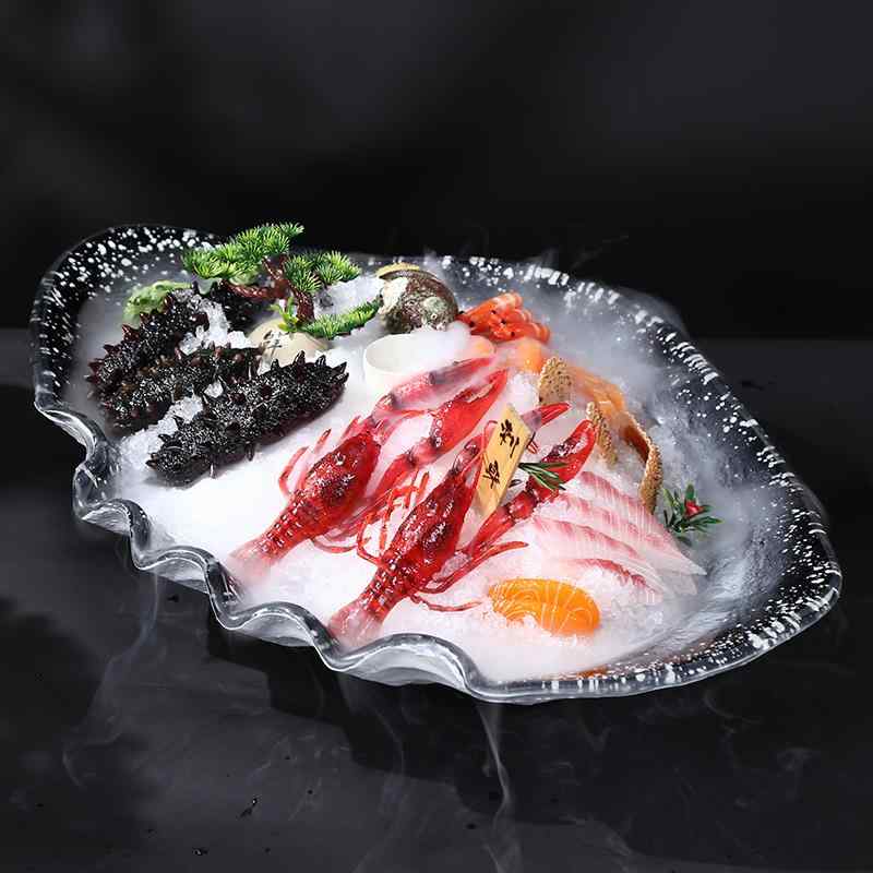 刺身皿 ドライアイス 海鮮プレート サーモン盛り合わせ 魚介盛り クリエイティブ食器 冷感演出 盛り付け用 ガラス皿 透明プレート