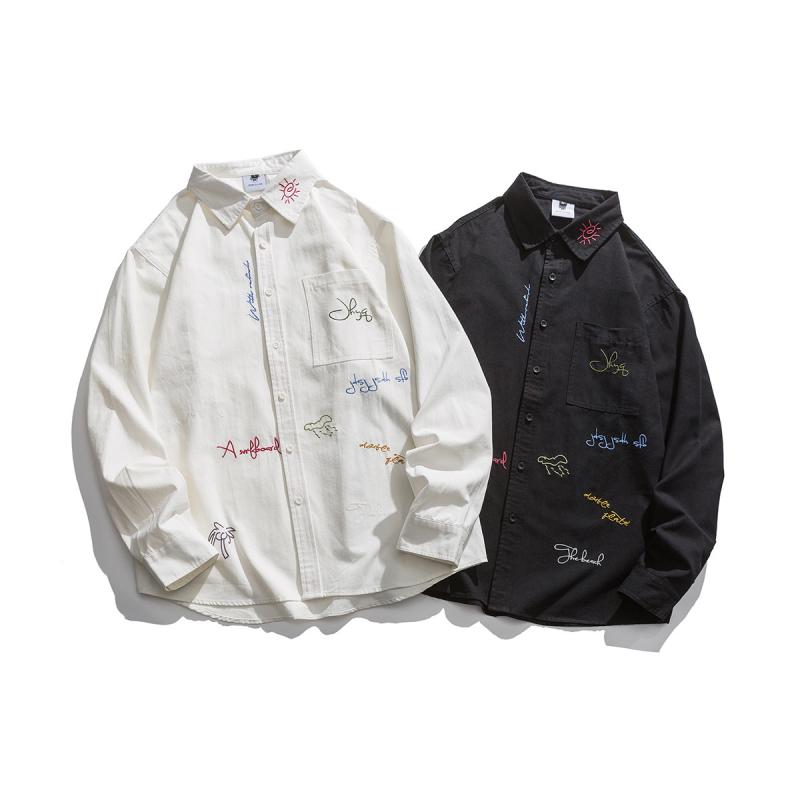 男性用 ゆったり 長袖 刺繍 シャツ アウター カラフル デザイン カジュアル トップス 春 スタイル ビッグシルエット コットン 混 軽量 吸湿速乾 機能性 日常使い 通勤対応 ブラック グレー ブルー ベージュ カラーバリエーション