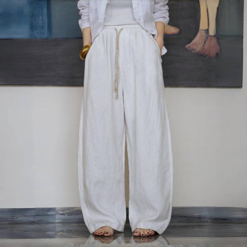 レディース パンツ 天然麻素材 厚手 ワイドレッグ ロング丈 ドレープ感 スリムライン カジュアル 普段使い 通気性 吸湿性 四季対応