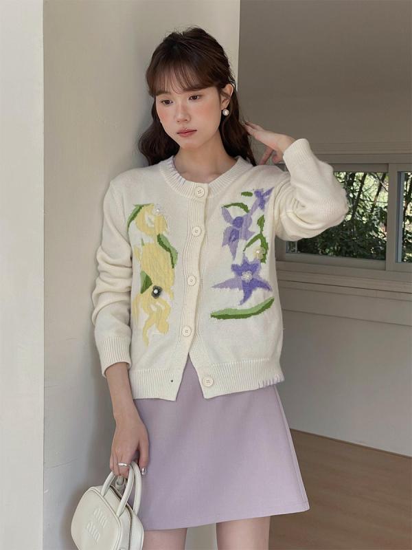 ニットカーディガン レディース 花柄 ジャカード 織り込み デザイン 秋 通勤用 韓国スタイル 柔らかい 伸縮性 吸湿速乾