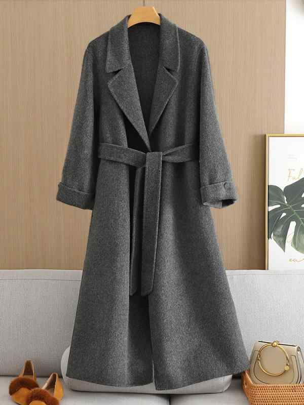 コート ロング丈 ベルト付き ダブルフェイス カシミア混 ウール 秋冬用 暖か素材 軽量 高級感 ダークカラー スタイリッシュ