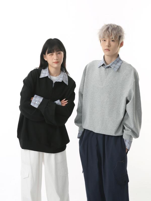 メンズ スウェット 韓国風 格子柄 切り替え フェイクツーピース 襟付き プルオーバー カップル ベーシック カジュアル トレーナー 普段使い コーディネートしやすい 軽量 伸縮性