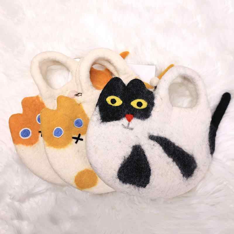 ハンドバッグ かわいい猫 羊毛フェルト 動物モチーフ スマホケース 森系 ナチュラル フェルト素材 カジュアル 手持ち ポップ デザイン 日常使い
