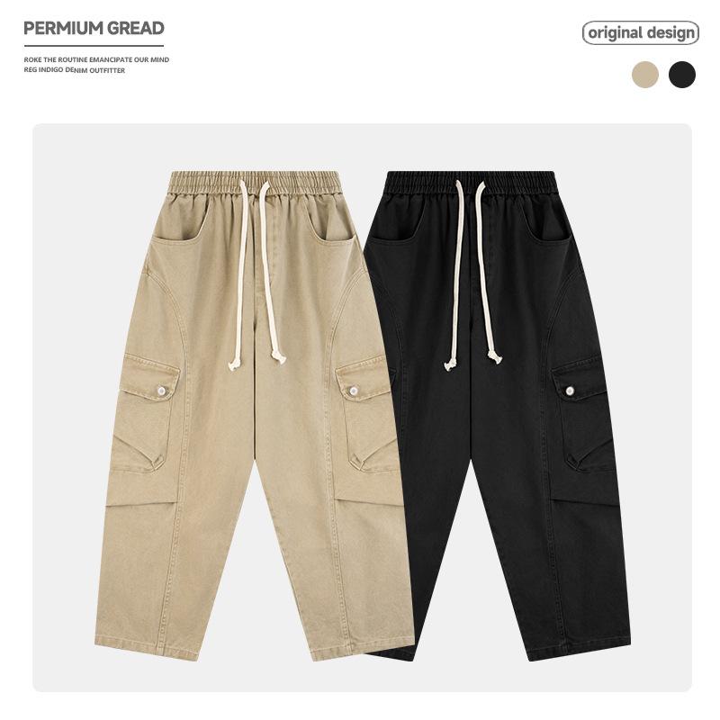 カーゴパンツ 秋冬 ヴィンテージ風 起毛 ストレートレッグ 大型ポケット ワイドシルエット ステッチ プリーツ カジュアル 普段使い 暖かみ ワークスタイル