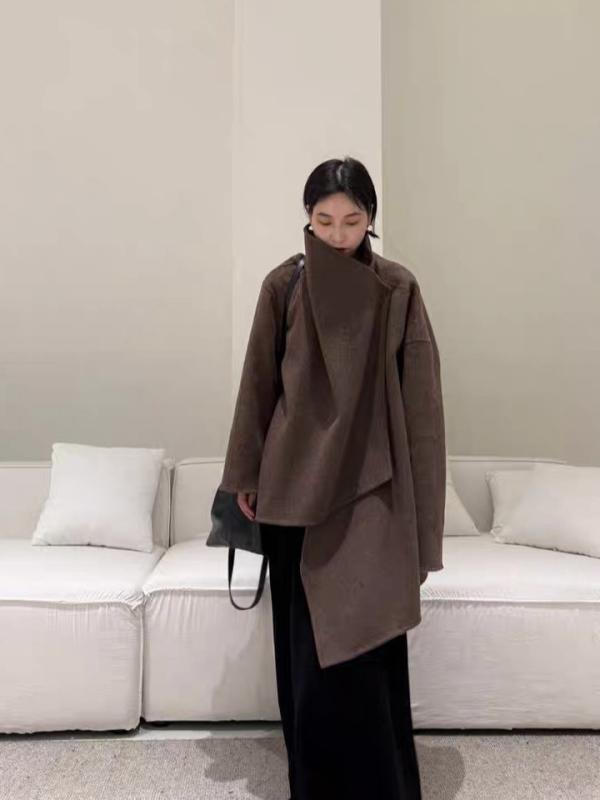 レディース コート 非対称 デザイン フリル 襟 羊毛 リバーシブル ハンドメイド 中長丈 秋冬 暖かみ 高級感 軽量 ソフト タッチ 日常使い