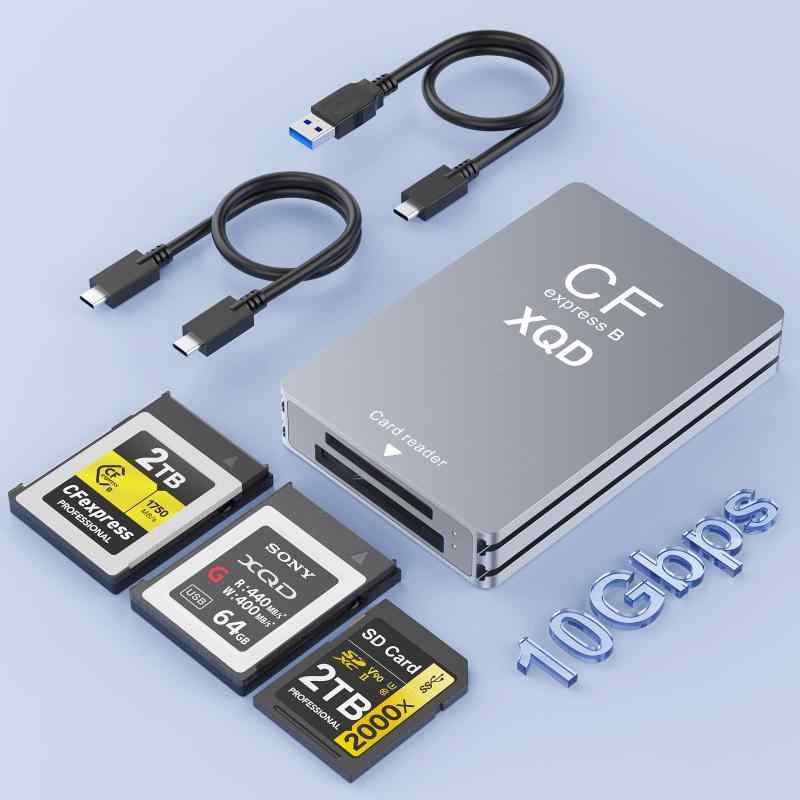 【2025新設計】CFexpress Type B & XQD & SD カードリーダ 3 in 1、デュアルスロットUSB3.2 10Gbps 高速転送 CFexpress Type B cfカードリーダー アルミニウム タイプ cfカ