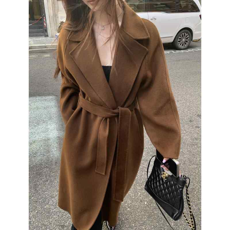 コート 秋冬 ウール ロング丈 ゆったりシルエット ダブルフェイス 羊毛 カシミア混 ベルト付き アウター 暖か素材 防寒 日常使い