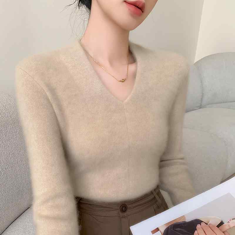 レディース 秋冬 Vネック 羊毛 ニット トップス カシミヤ ソフト ベースレイヤー スリムフィット 暖か 軽量 伸縮性 インナー 普段使い