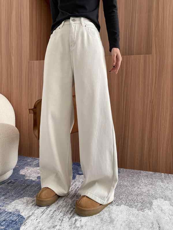 レディース デニムパンツ ワイドレッグ ストレート ロング丈 裏地付き 秋冬 梨型ボディ ドレープ感 スリム効果 ゆったりシルエット カジュアル 普段使い