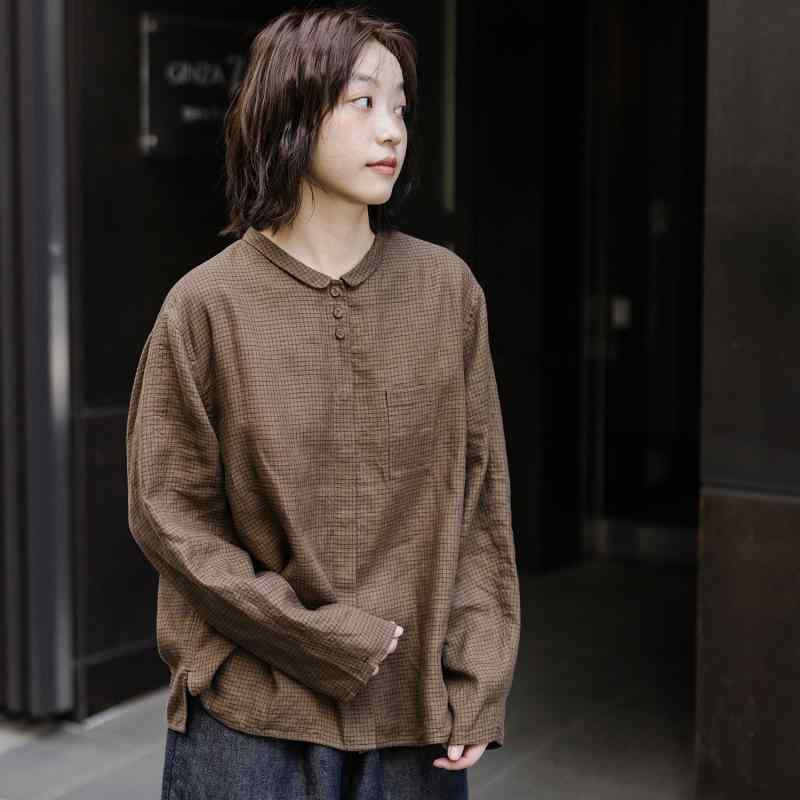 ティーシャツ 開襟 長袖 ゆったり 読み合わせる柄 レトロ 麻原料品 赤銅色 心地好い 普段使い走り 座標 トップス